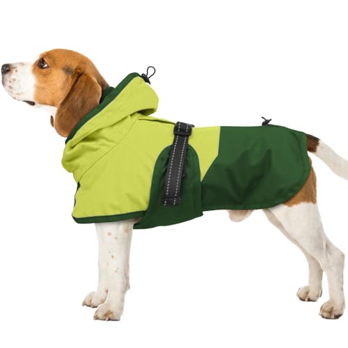 Image of BRKURLEG Dog Raincoat, Waterproof Rain Jacket with Hood, Green, L | Adjustable Windproof Rainproof Jacket with Leash Hole, Reflective Breathable Rain Coat Poncho, for Small to Large Dogs