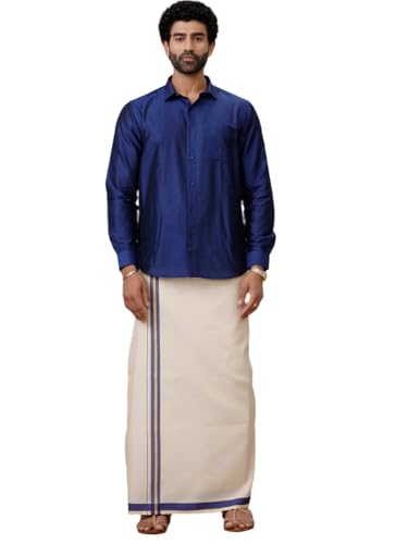 Image of RAMRAJ COTTON Men Parsley Silk Cotton Full Sleeves Shirt with Matching Border Tissue Dhoti Set