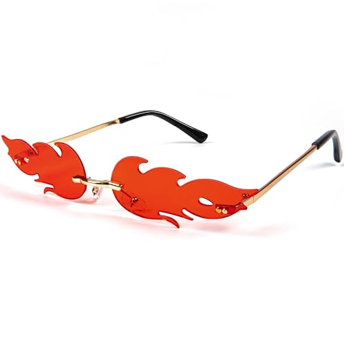 Flame Sunglasses Rimless Fire Glasses with Metal Frame - Unisex Halloween Sunglasses for Kids & Adults, Cosplay, Party Favor, Festival, Beach & Daily Fashion Eyewear