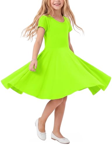 Noomelfish Girls Short Puff Sleeve Dress Summer Casual Knit Swing Twirl Skater Dresses with Pockets Neon Green Size 7-8 Years