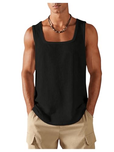 Verdusa Men's Sleeveless Square Neck Waffle Basic Tank Tops Undershirt