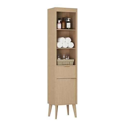 Image of 70 inch H Tall Storage Cabinet, Fluted Freestanding Floor Organizer for Bathroom, Kitchen Pantry, Utility Room, w /Drawer & Adjustable Shelves, Modern Accent in Natural Wood