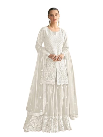 Women's Net Sharara Salwar Suit Set Embroidered Kurta with Dupatta Festive & Wedding Party Wear Outfit
