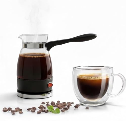 Image of Electric Turkish Coffee Maker and Kettle, Glass Pot with Handle, 500ml Capacity, Black and Clear 600W, Multi-Purpose for Coffee, Tea and Milk