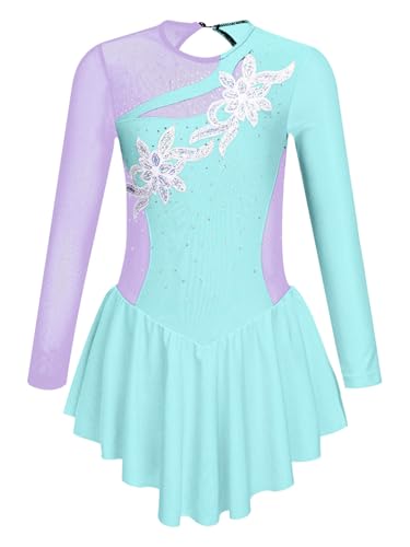 JanJean Kids Girls Long Sleeve Shiny Figure Ice Skating Dress Ballet Dance Gymnastics Leotard Dress Light Blue B 6 Years