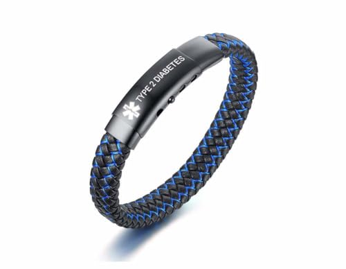 TYPE 2 DIABETESStainless Steel and 2-Tone Braided Leather Medical ID Bracelet Medical Alert Wrist Band for Men Emergancy Identification Medic jewellery for Men