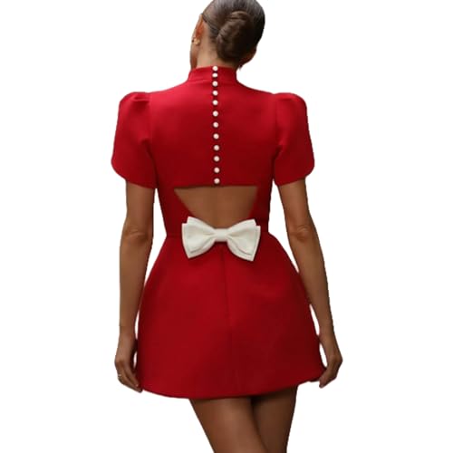 Image of AMPOSSTO Women's Elegant Bow Backless Hollow Out Mini Dress Turtleneck Short Sleeve Pad Shoulder Dresses for Party Cocktail