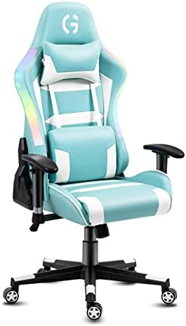 Computer Gaming Chair with LED Lights Ergonomic Office Desk Chair with Lumbar Support 360° Swivel Height Adjustable Recliner, Cyan White