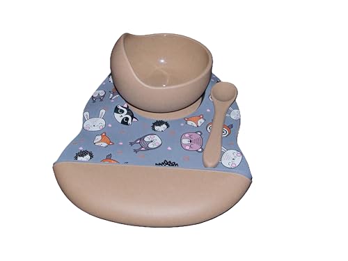 Cute Silicone Animal Print Design Bibs with Bowl with Spoon, Gray & Taupe 4-piece4