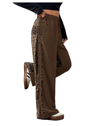 Verdusa Women's Plus Size Leopard Print Baggy Sweatpants Athletic Wide Leg Pants with Pockets