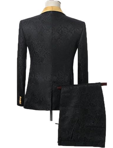 2024 Mens 2 Piece Jacquard Dress Suit Set One Button Tuxedo Blazer & Pants with Gold Lapel Shawl Jacket JXZ0432