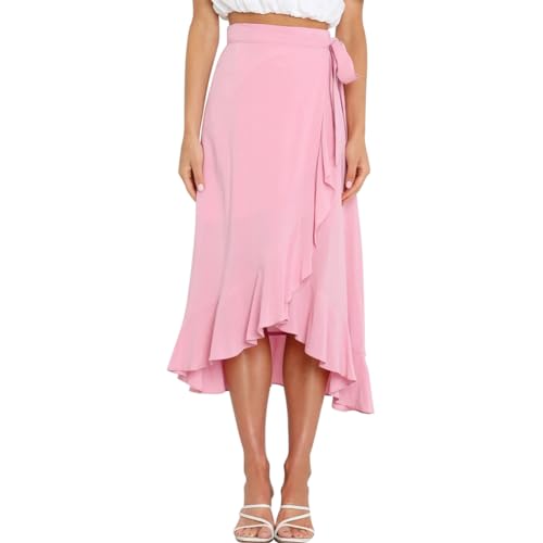 OBEEII Women Ruffle Wrap Skirt Summer Casual High Waist Tie Flowy Beach Skirt High Low Asymmetrical Split Midi Skirts