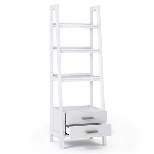 Image of SIMPLIHOME Sawhorse Bookcase - 72 inch Tall Solid Wood Ladder Shelf with Storage in White, Modern Industrial Display for Living Room, Study Room or Office with Open Shelves and Drawer Cabinet