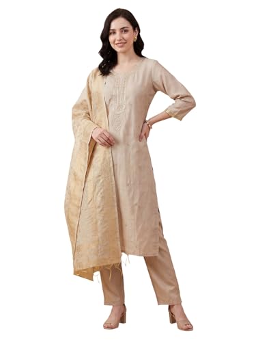Image of INDO ERA Women's Silk Blend Paisley Embroidered Zari Work Kurta & Pant with Dupatta Set (IEBBAI389)
