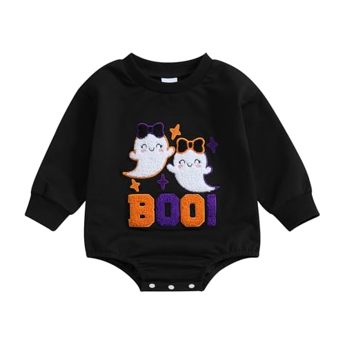 Image of FYBITBO Newborn Halloween Outfit Girl Boy Boo Ghost Romper Bubble Sweatshirt Bodysuit Fall Shirt Halloween Baby Clothes (Boo Ghost-Black, 6-12 Months)