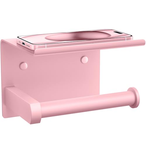 Tindbea Toilet Paper Holder with Phone Shelf, Adhesive or Screw Wall Mount Toilet Tissue Roll Holder, Rustproof & Multifunctional Stainless Steel Bathroom Storage Dispenser (Blush Pink)