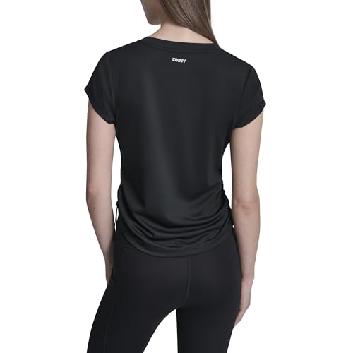 Image of DKNY Women's Short Sleeve V-Neck Tech Ruched Side Seam Active T-Shirt