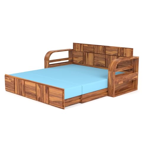Image of Mamta Furniture Sheesham Wood Sofa Cum Bed with Storage for Living Room Bedroom | Wooden Diwan Sofa Set with Cushions and Blue Mattress Support | Honey Finish