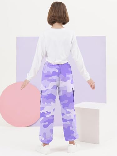 Image of SANGTREE Girls' Clothing Sets Crop Top & Cargo Jogger Pants 2 Piece Outfit, White+purple camouflage, 6-7Y = Tag 130