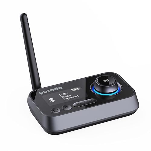 PorodoBluetooth Audio Transmitter & Receiver, Wireless Connection for Wired Devices, Fast Pairing, Auto Reconnect, Mode Switch, Optical & AUX Connectivity