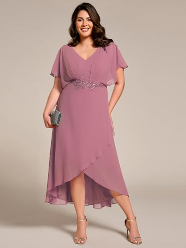 Image of Ever-Pretty Plus Women's V Neck Applique Plus Size Wedding Guest Dress Short Sleeves Maxi Formal Dresses