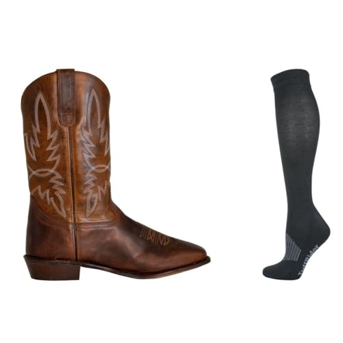 TuffRider Men's Old Faithful Wide Square Toe Western Boot- Brown-With Free Assorted Striped Socks