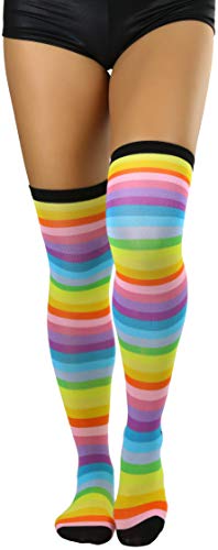 Image of ToBeInStyle Women's Bright Vibrant Rainbow Striped Thigh High Rave Stockings