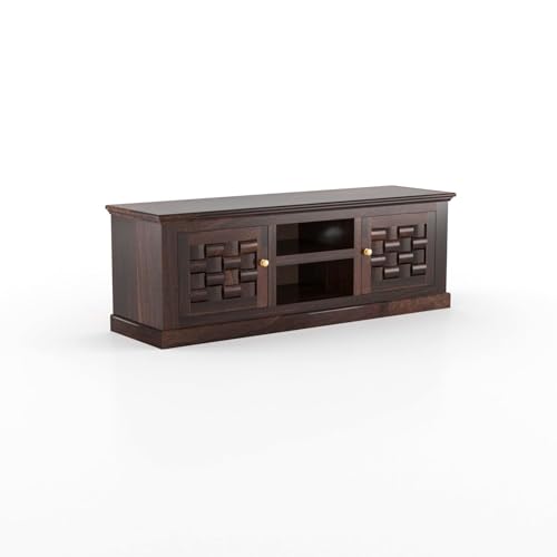 Image of Wooden TV Unit for Living Room | TV Cabinet with Storage Doors & Shelf | TV Stand Wooden | Entertainment Unit Furniture | TV Console Table | Walnut Finish