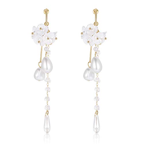 Kruckel Flower Blossom Long Drop Dangling Earrings - Golden Stud Lighweight with White Pearls Hanging, Women Jewelry, Easy - Wear Fashion Design Accesory Packed with Durable Jewelry Box