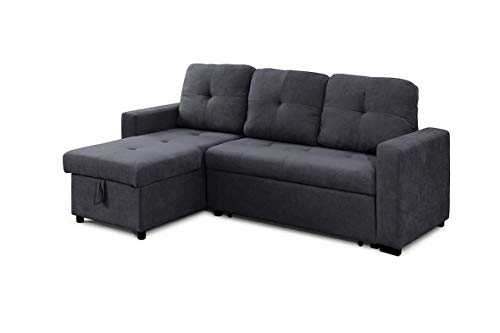 SWEET SOFA - Sof Chaiselongue Clony Convertible en Cama, 3 plazas, Reversible Derecha e Izquierda, Sof esquinero en Elegante Tela Antimanchas Gris Claro y Gris Oscuro (Gris Oscuro)