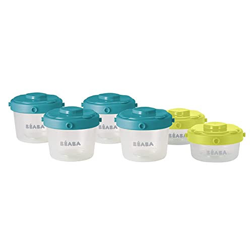 Image of BEABA Clip Containers, Set of 6, 2 oz & 4 oz, Baby Food Storage Containers with Lid, Reusable Baby + Toddler Snack Containers, Freezer & Dishwasher Safe, Peacock