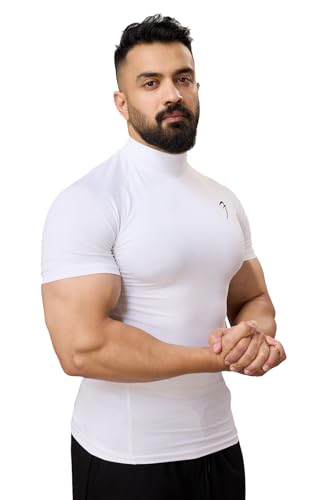 Image of Men Half Sleeves Slim Fit Compression High Neck Sports and Gym Tshirt