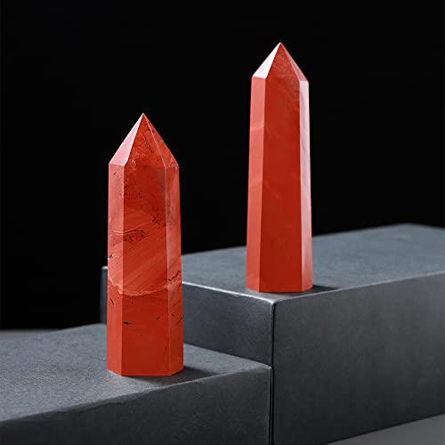 Quartz rouge aura et colonne jaspe de qualite superieure taillee en pointe