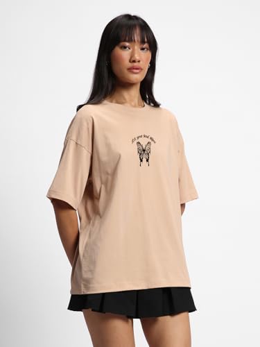Image of Bewakoof Women's 100% Cotton Graphic Print Oversized Fit Round Neck T-Shirt