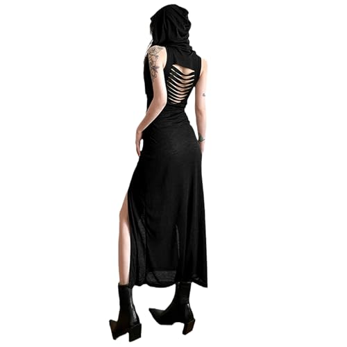 Cyber Goth Desert Walker Hooded Dresses Y2k Punk Grunge Hollow Out Midi Dress Women Sexy Split Side Solid Streetwear2