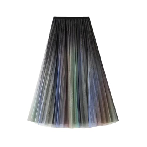 Women's High Waist Slim Double-Layer Mesh Gradient Color Bright Mid Length A-Line Pleated Skirts