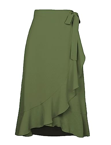 AliChan Women Summer High Waist Wrap Ruffled Side Slit Adjustable Waistband Midi Skirt, Army Green-M