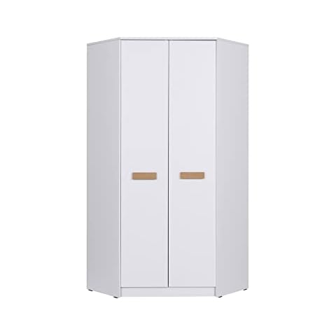 Grant G8 Eckschrank 91cm x 195cm; Eckgarderobe mit Kleiderstange und Einlegeböden, geräumige Eckgarderobe für das Kinderzimmer, für das Jugendzimmer, Eckkleiderschrank (weiß + Riviera Eiche) Cover