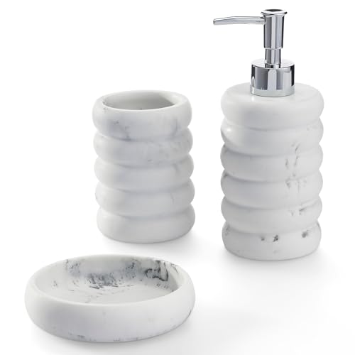 Navaris Juego de jabonera y portacepillos marmol - Set de Accesorios de baño con 1x dispensador de Gel 1x Bote para cepillos y 1x Bandeja para jabón - Imitación marmol Beige