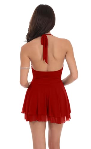 Image of GOKATOSAU Women's Halter V Neck Ruffle Hem Mini Club Party Dress | Summer Sleeveless,Ruched Waist,Sexy Cute,Backless,Flowy Mesh,Date Night,Vacation Short Dress,A-Line Going Out Dance