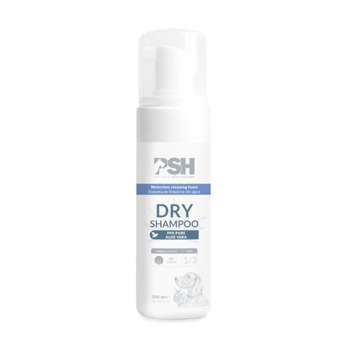 PSH Champú Seco en Espuma para Perros y Gatos - Limpieza sin Agua con Aloe Vera 99% Puro - Elimina Suciedad y Grasa - Hipoalergénico y Suave - 200 ml - Ideal para Limpieza rápida y Piel Sensible