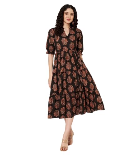 Image of PIDAVLIYA'S Women's Cotton Floral Printed Midi Dress | V-Neck Fit & Flare Dress with Puff Sleeves | Casual Summer Wear