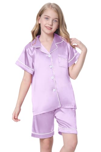 Image of Schbbbta Women Pajamas Set, 2 Pcs Satin Silk Pjs Button Down Sleepwear Soft Comfy Short Sleeve Outfits
