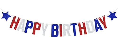 Image of 4th of July Happy Birthday Banner, Independence Day Birthday Party Decorations, Patriotic Independence Day Themed Birthday Decorations Blue Red White Glitter
