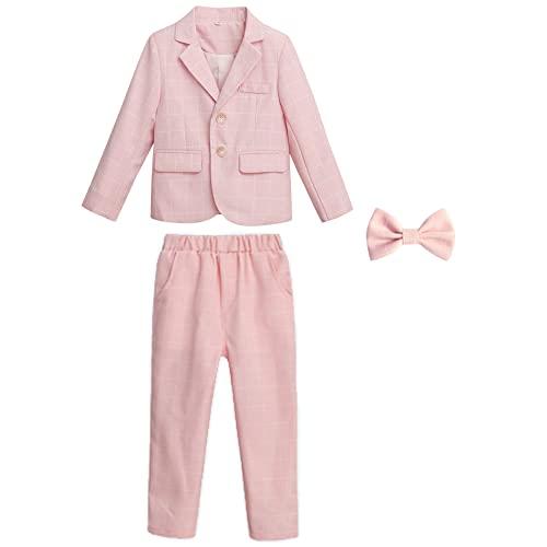 Boys Suits 3 Piece Plaid Kids Tuxedo Blazer Pants With Bow Tie Dress Modern Suits For Boys Us Size 6 Pink #TOP2