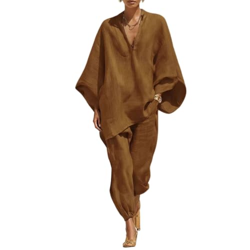 Conjunto de dos piezas de lino y algodón para mujer pantalones holgados 3XL