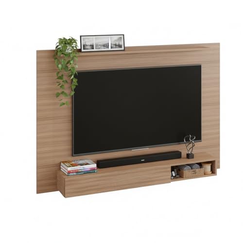 Image of FURNEASER Reyroy Wall Mounted TV Unit for Living Room | Wooden TV Panel with Floating Cabinet & Storage Shelf | Modern Entertainment Unit for Upto 60 Inch TV (Exotic Teak)