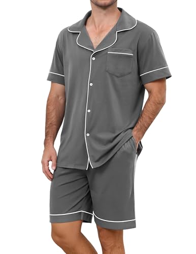 TeJoyce Pijama Hombre Corto Algodon para Verano, Ropa de Dormir Dos Piezas, Conjunto Manga Corta Camiseta Abierto Delante con Botones y Shorts con Bolsillos, Suave y Cómodo (Gris Oscuro, L)