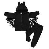YOUNGER TREE 幼児 赤ちゃん 女の子 男の子 ハロウィン 衣装 ブラック バット パーカー ポケット付き ジッパー コート パンツセット 冬服, ブラックセット。, 12-18 Months