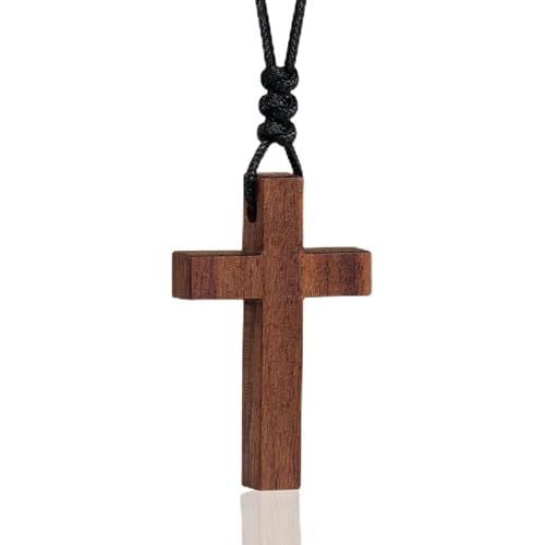 Holy Fringe Natural Walnut Wood Cross Necklace for Men & Women - Wood Cross Pendant Necklace for Car Mirror - Wooden Religious Pendant Jewelry(1.5 x 0.94)